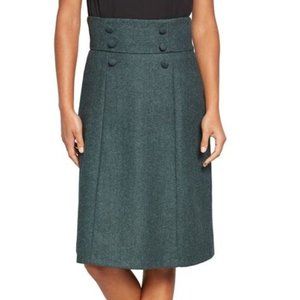 Wool Button-detailed Skirt in Green Herringbone